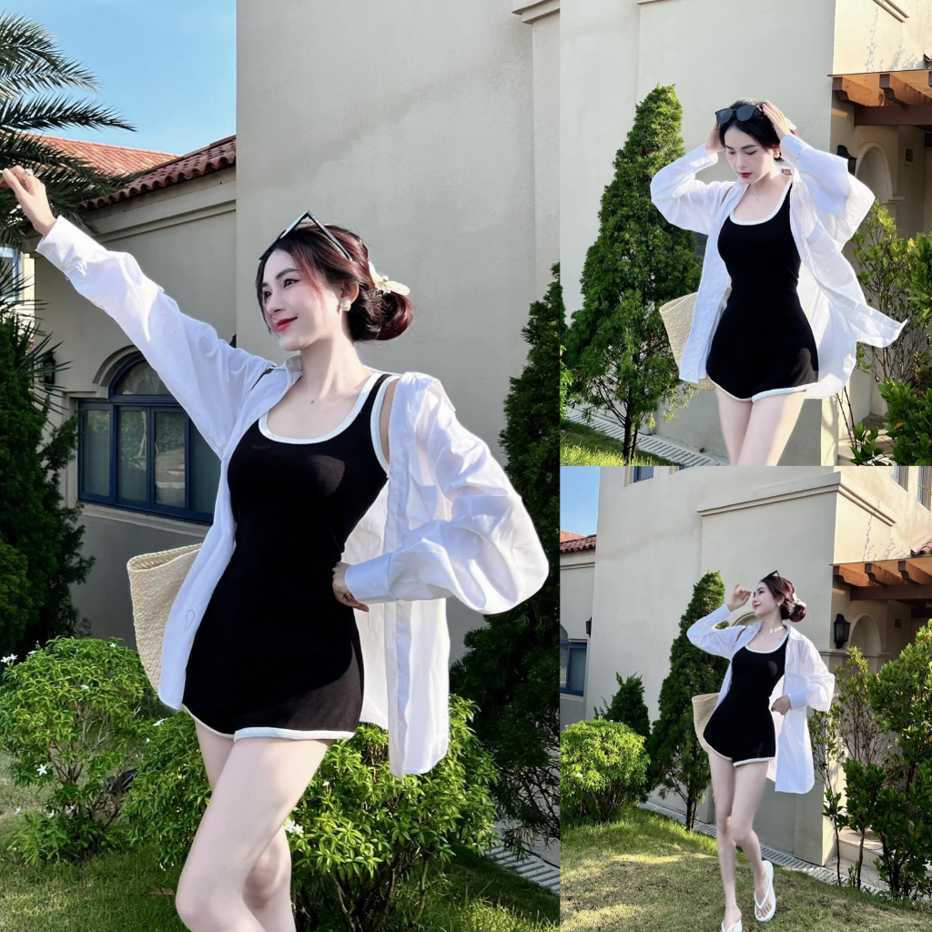 Sét Jumpsuit nữ ba lỗ phối viền form ngắn mix áo khoác sơ mi với 2 tone màu đơn giản diện đi chơi, đi biển siêu xinh sp1