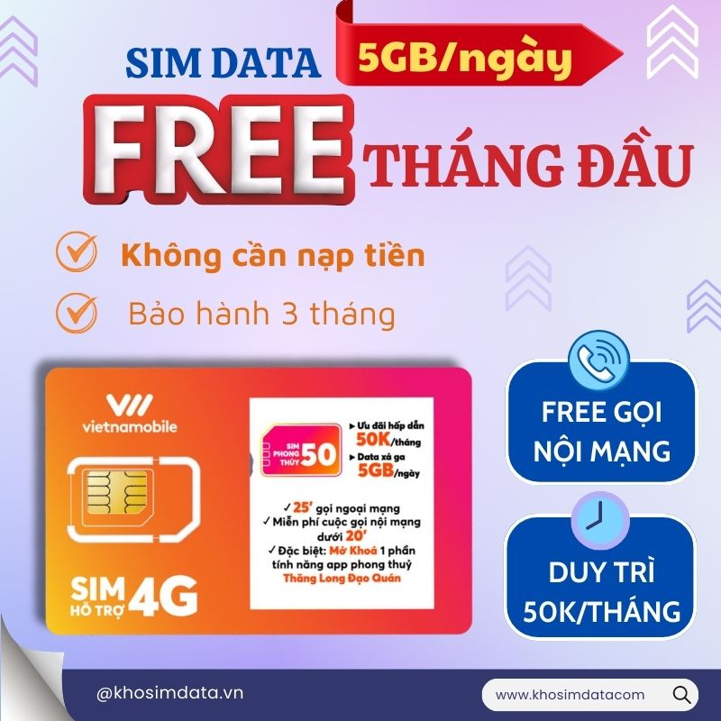 Sim data 4G Vietnamobile, sim số đẹp 150GB/tháng, Miễn phí tháng đầu, Tặng 20p ngoại mạng, Miễn phí nội mạng.