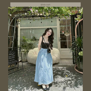 Set áo thun 2 dây răng cưa + chân váy midi jeans size s/m