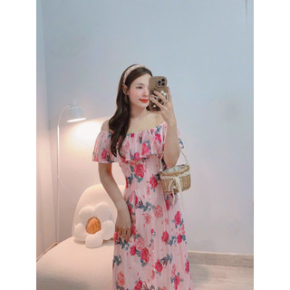 ĐẦM MAXI HOA HỒNG THIẾT KẾ TRỄ VAI- Hình shop chụp thật