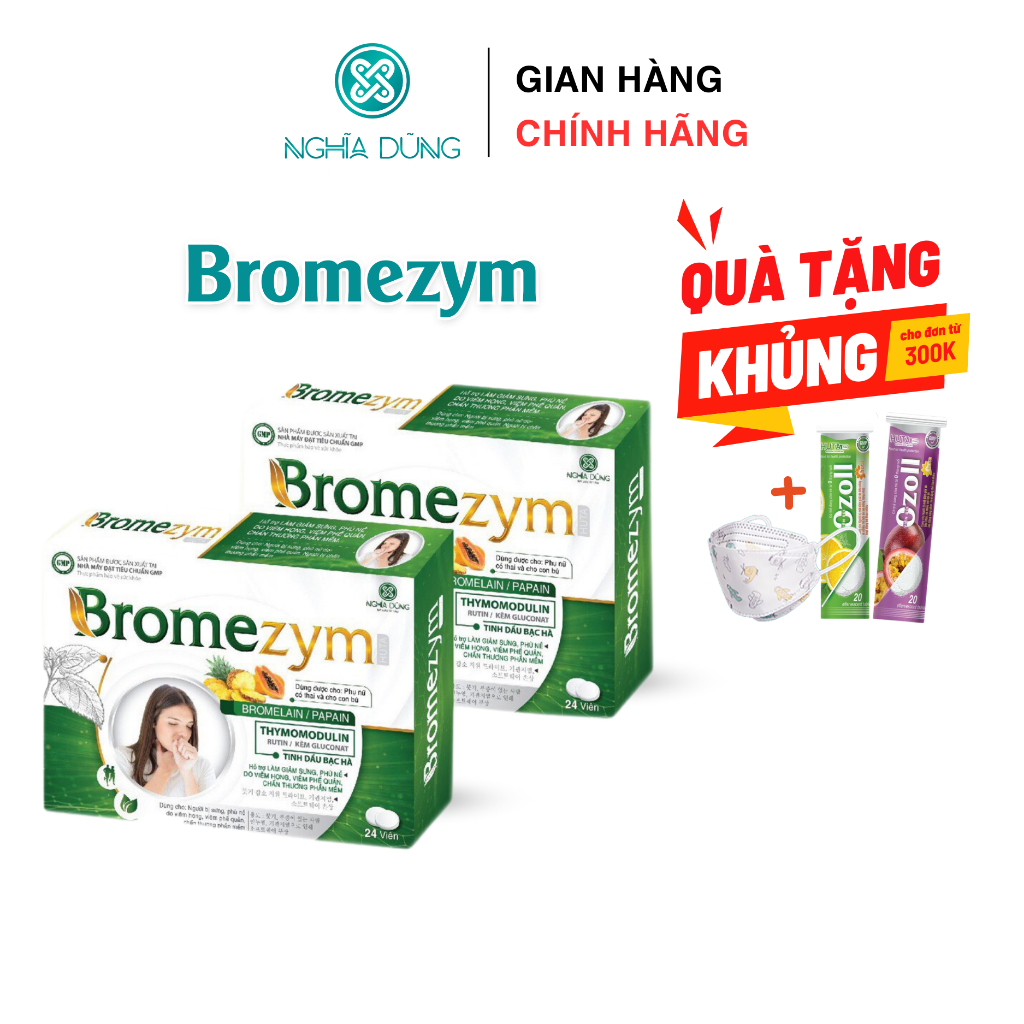 Viên ngậm Bromezym NGHĨA DŨNG ( hộp 24v) giảm phù nề, sưng tấy do tổn thương mô mềm, viêm họng, viêm khớp
