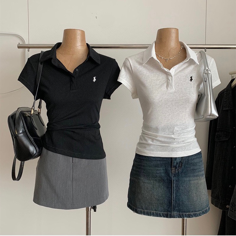 Áo thun cổ bẻ tay ngắn áo phông nữ quảng châu thêu hình chất vải cotton giấy mát