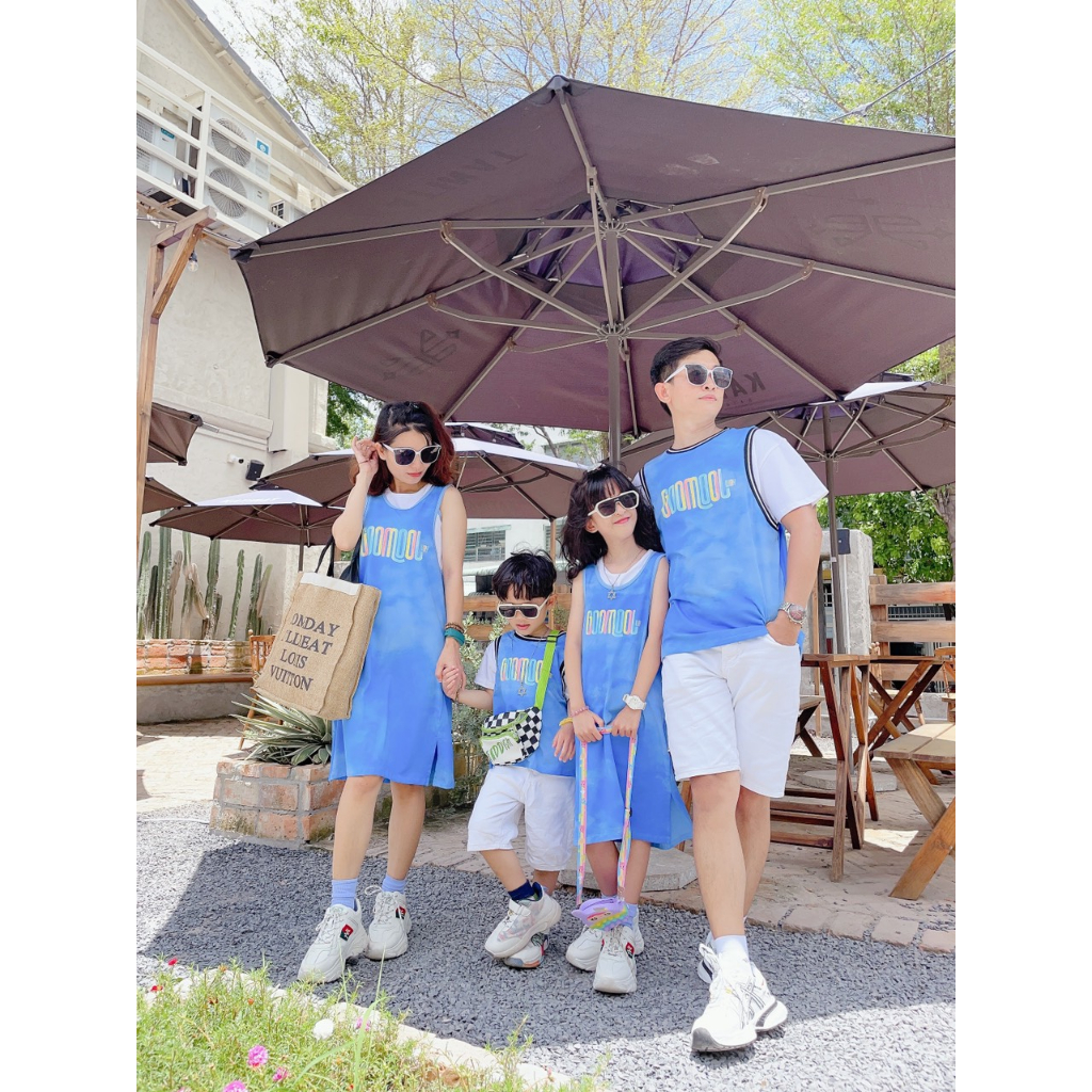 Set Đồ Đôi Gia Đình Cổ Phối Bo Và Đầm Cặp XANH DƯƠNG DD13