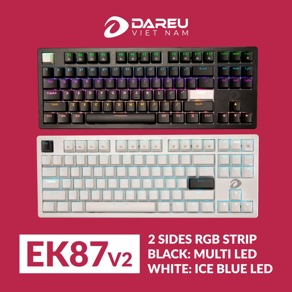 Bàn Phím Cơ TKL Dareu EK87 V2 Black, White - Đèn Led Bo Viền RGB - Keycap ABS - Bảo Hành Chinh Hãng 3 Năm