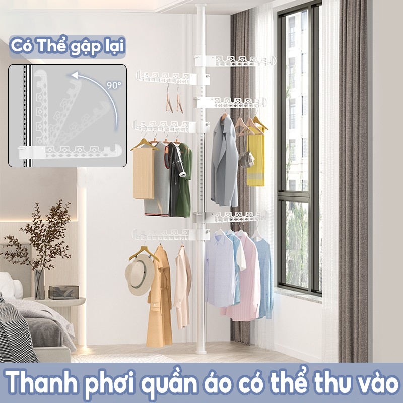 Thanh phơi quần áo có thể thu vào, Giá Treo Quần Áo Bằng, không cần đục lỗ, có thể thu vào để điều chỉnh độ cao