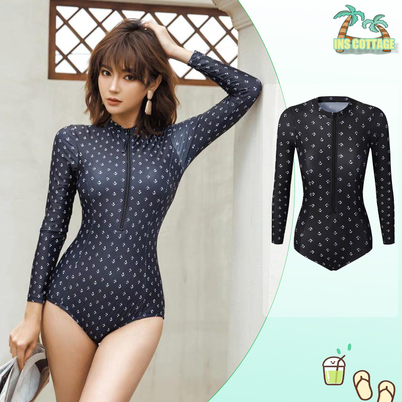 【INS】 Đồ bơi một mảnh có tay khoá kéo Hàn Quốc Bikini đồ bơi nữ kín đáo áo tắm dài tay liền đen màu đen