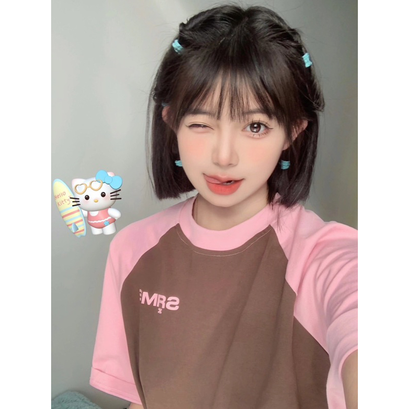 Áo Baby Tee tay phối hồng form rộng,Áo thun Nữ chất cotton tay lỡ phong cách Ulzzang