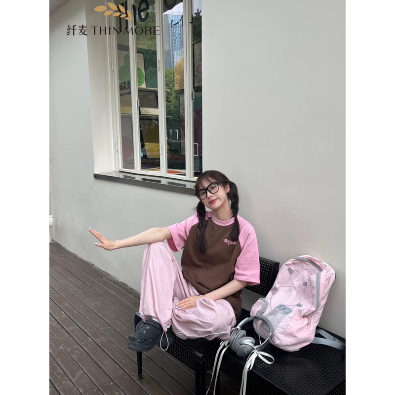 Áo Baby Tee tay phối hồng form rộng,Áo thun Nữ chất cotton tay lỡ phong cách Ulzzang