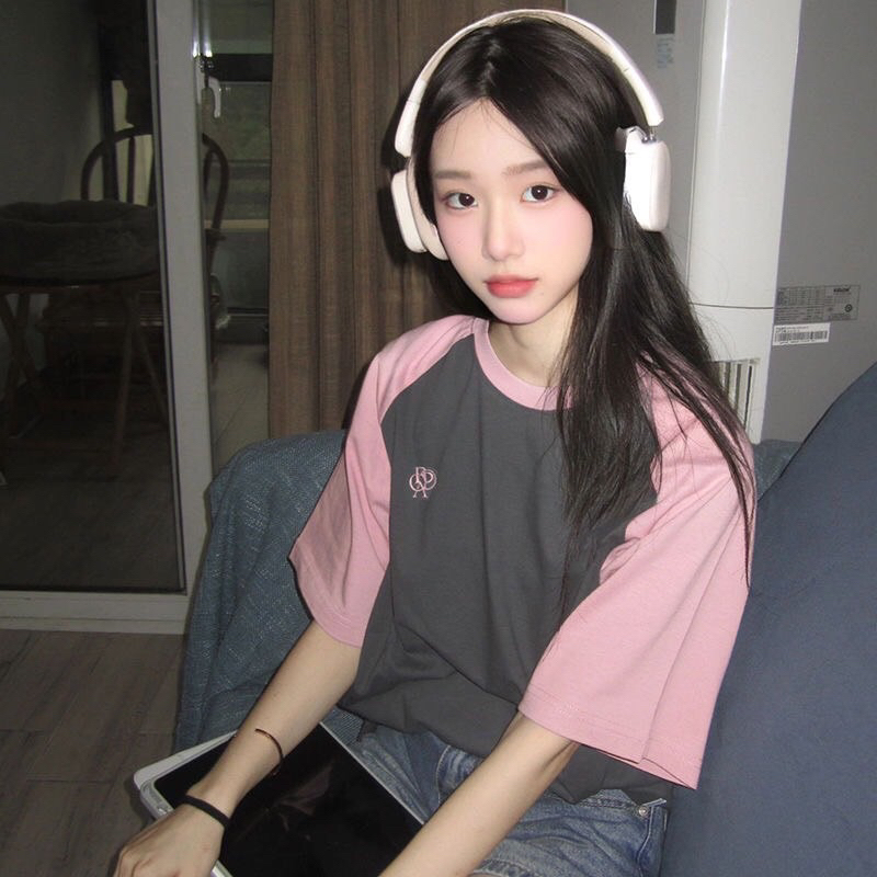 Áo Baby Tee tay phối hồng form rộng,Áo thun Nữ chất cotton tay lỡ phong cách Ulzzang