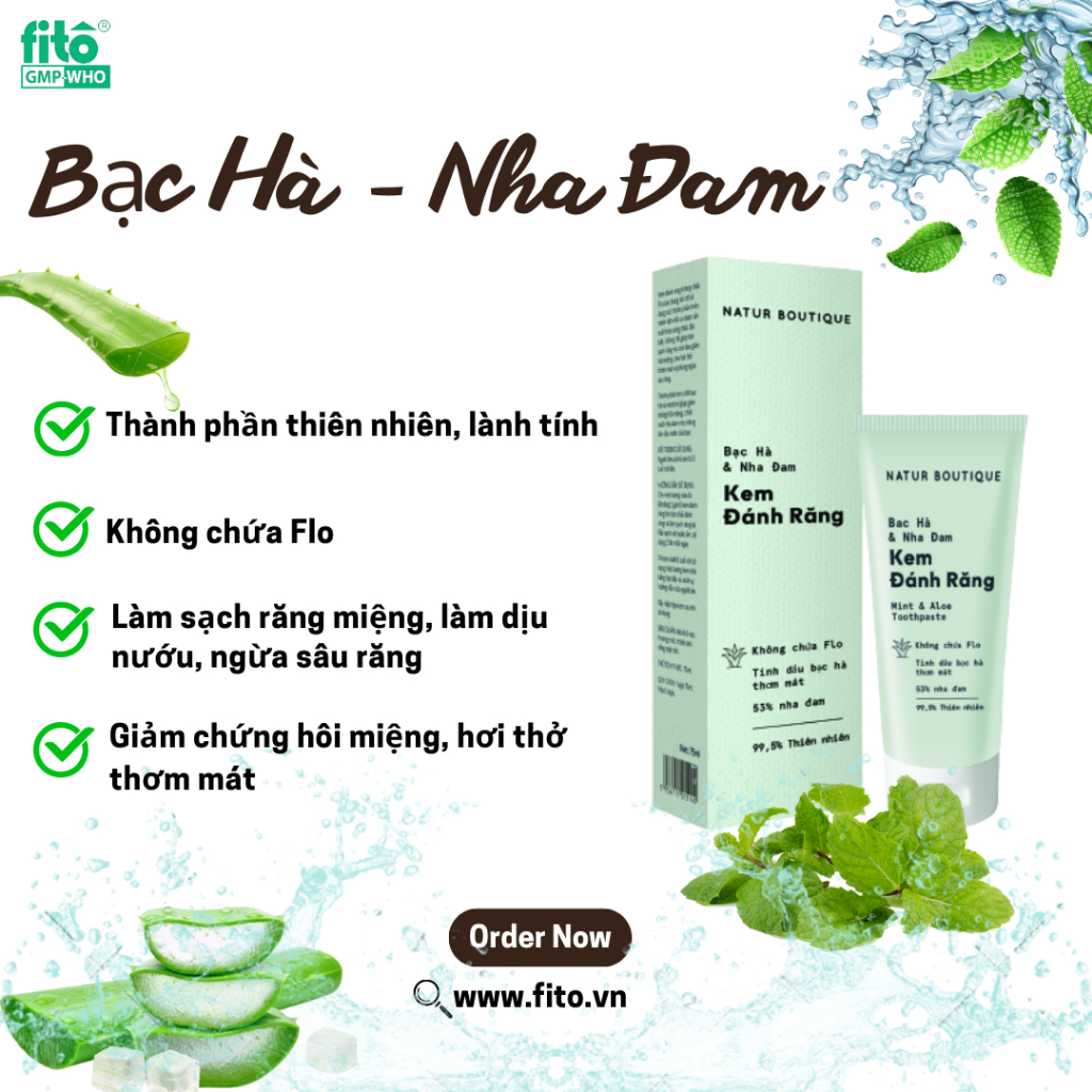 Kem đánh răng Bạc Hà - Nha Đam Ngừa Sâu răng, giảm viêm nướu, Hơi thở thơm mát 75ml - Fitopharma