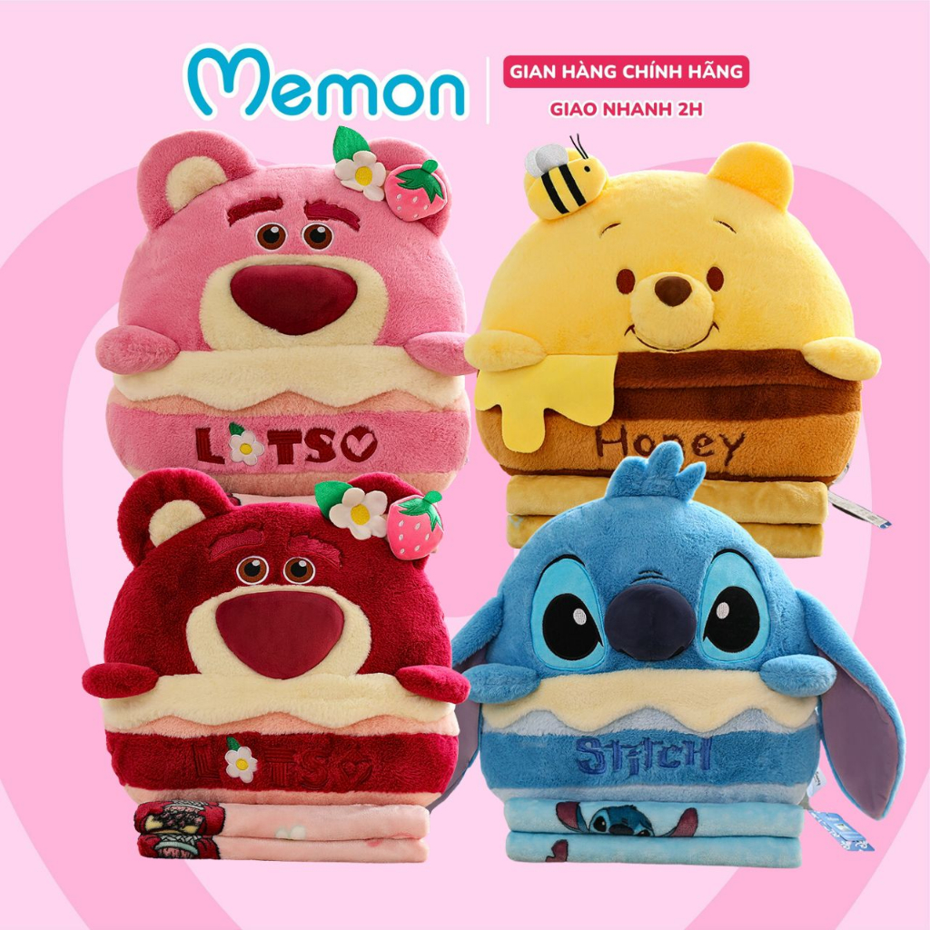 Gối Chăn Mền Bộ Bốn Pooh Vàng, Stitch Xanh, Lotso Đậm, Lotso Nhạt Mềm Mịn Cao Cấp Memon