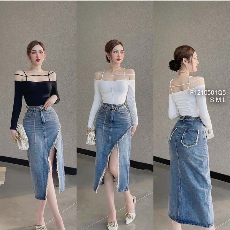 CHÂN VÁY JEANS DENIM XẺ CHÉO VÁ TÚI SIÊU XINH SIÊU TÔN DÁNG