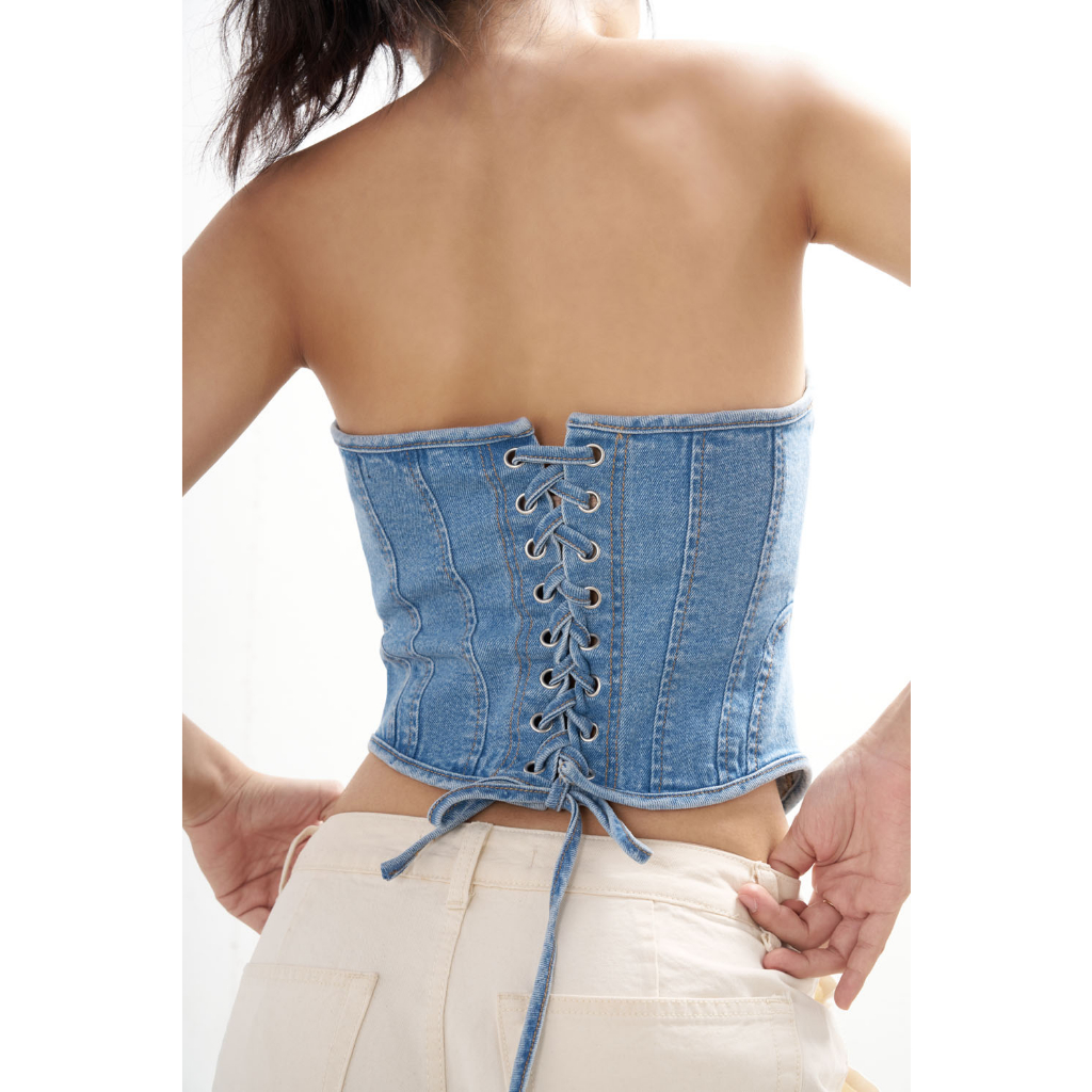 DOTTIE - Áo corset vải demin đan dây - Xanh nhạt - T0784