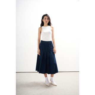 Dottie - chân váy midi dập ly - xanh đậm - s0180
