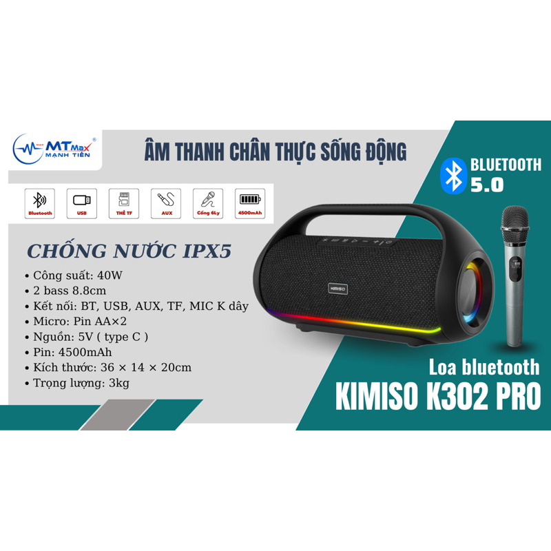 Loa bluetooth KIMISO K302 Pro kèm 2 micro karaoke không dây