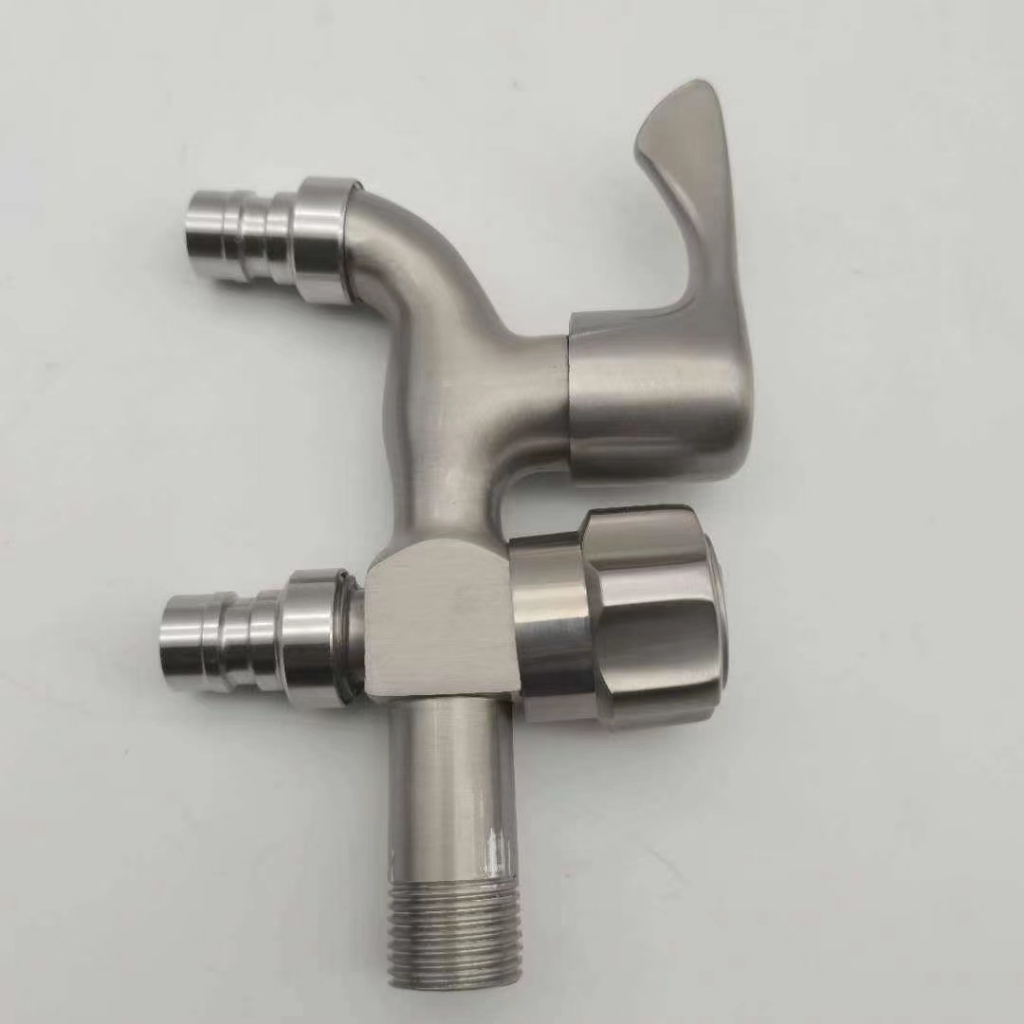 Vòi nước 2 đầu ra inox, Vòi nước 2 đầu cho máy giặt chia nước thành 2 cổng xả độc lập