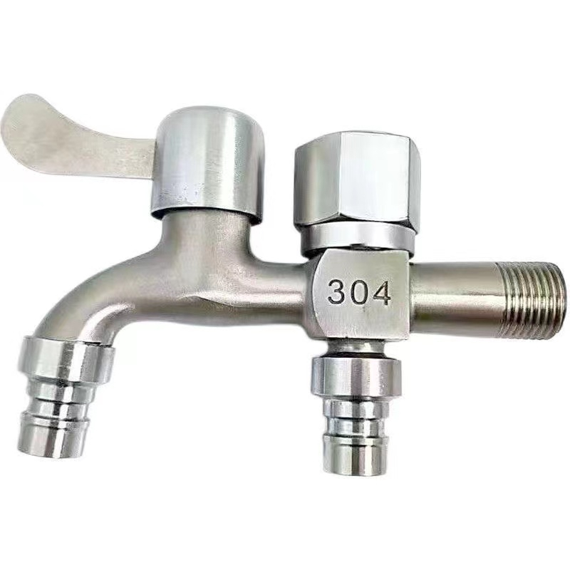 Vòi nước 2 đầu ra inox, Vòi nước 2 đầu cho máy giặt chia nước thành 2 cổng xả độc lập