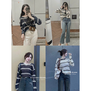 Áo len kẻ mongtoghi fom suông style hàn hàng QC