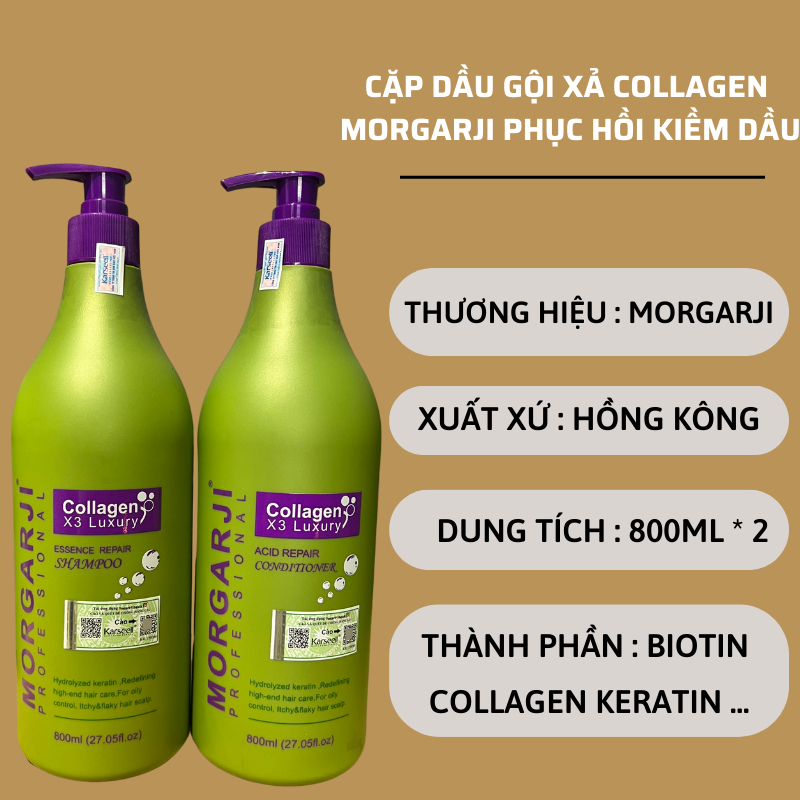 Cặp dầu gội xả Collagen phục hồi tóc hư tổn siêu mượt hương thơm hoa quả collagen x3 Morgarji Luxury 800ML - chính hãng