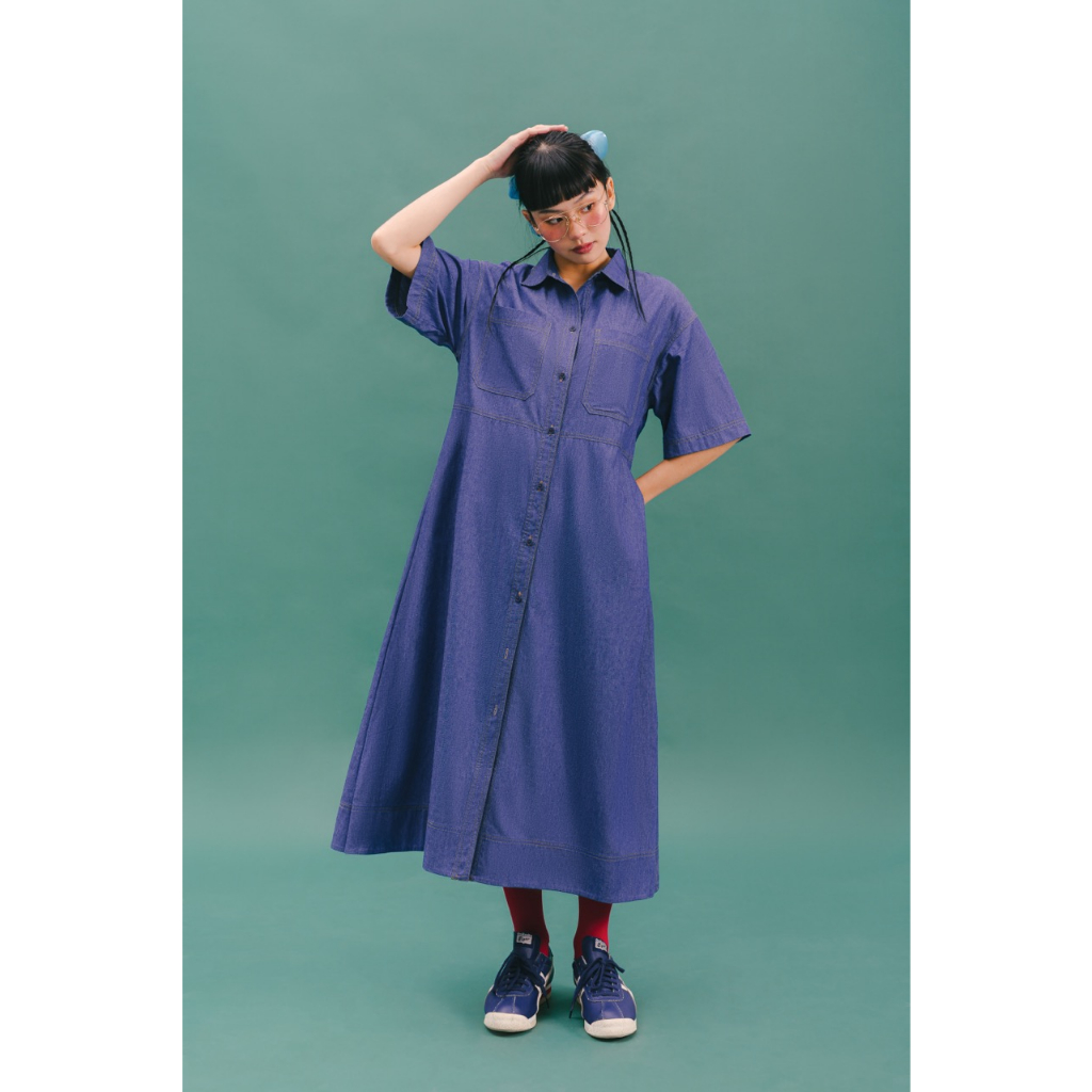 LIBÉ - Đầm sơ mi dáng suông dài vải denim mềm màu xanh dương