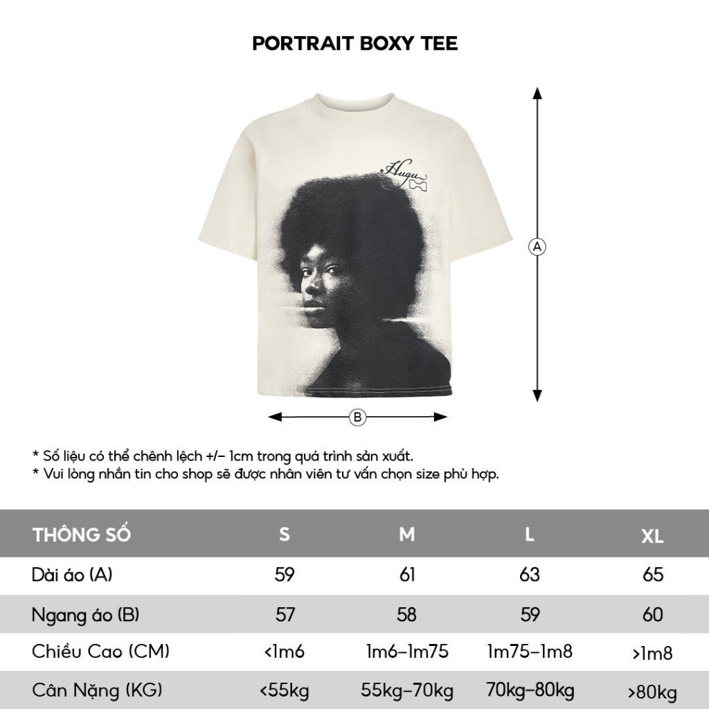 Áo thun unisex boxy local brand HUGU - PORTRAIT - cotton 2 chiều, form boxy, màu beige, in tram sắc nét