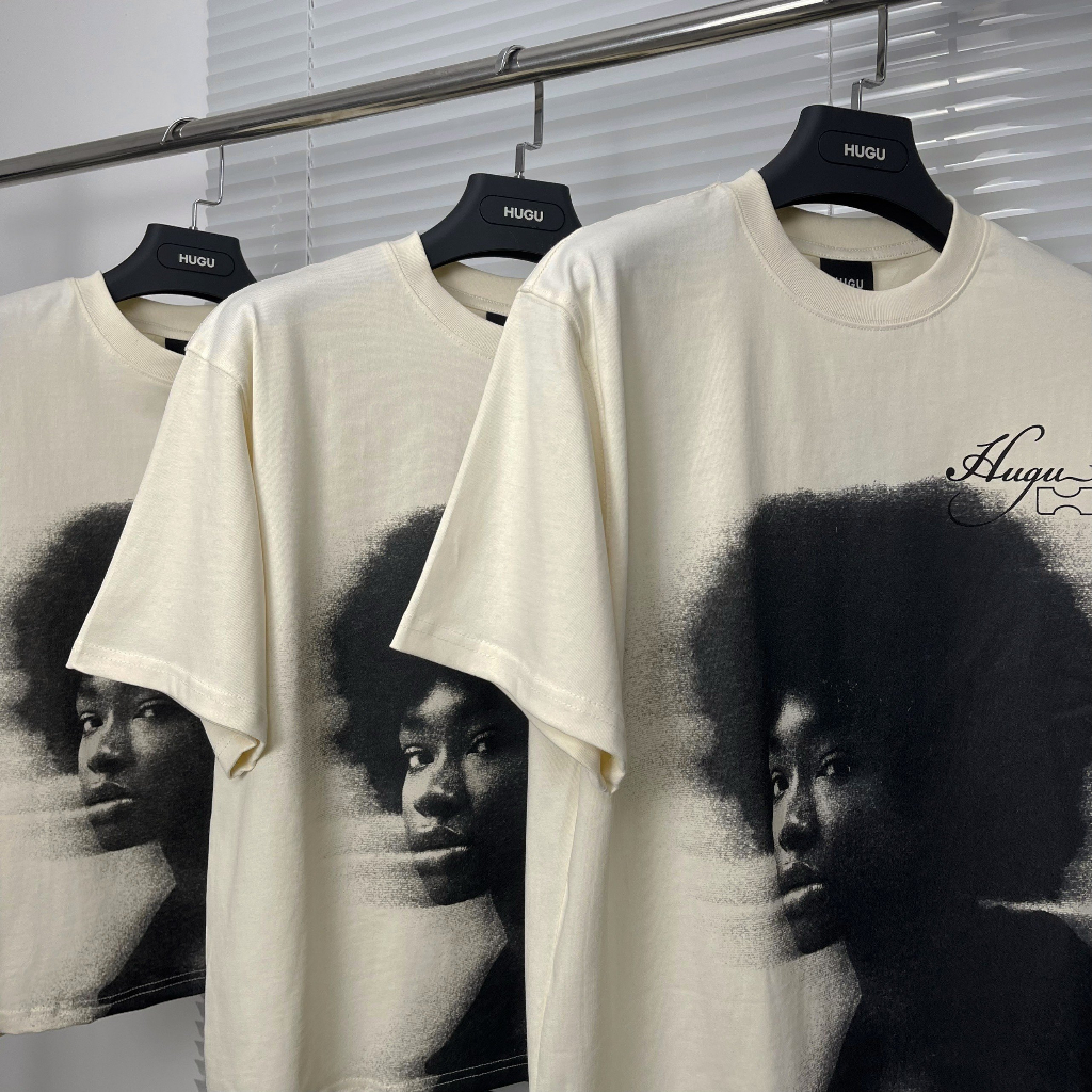 Áo thun unisex boxy local brand HUGU - PORTRAIT - cotton 2 chiều, form boxy, màu beige, in tram sắc nét