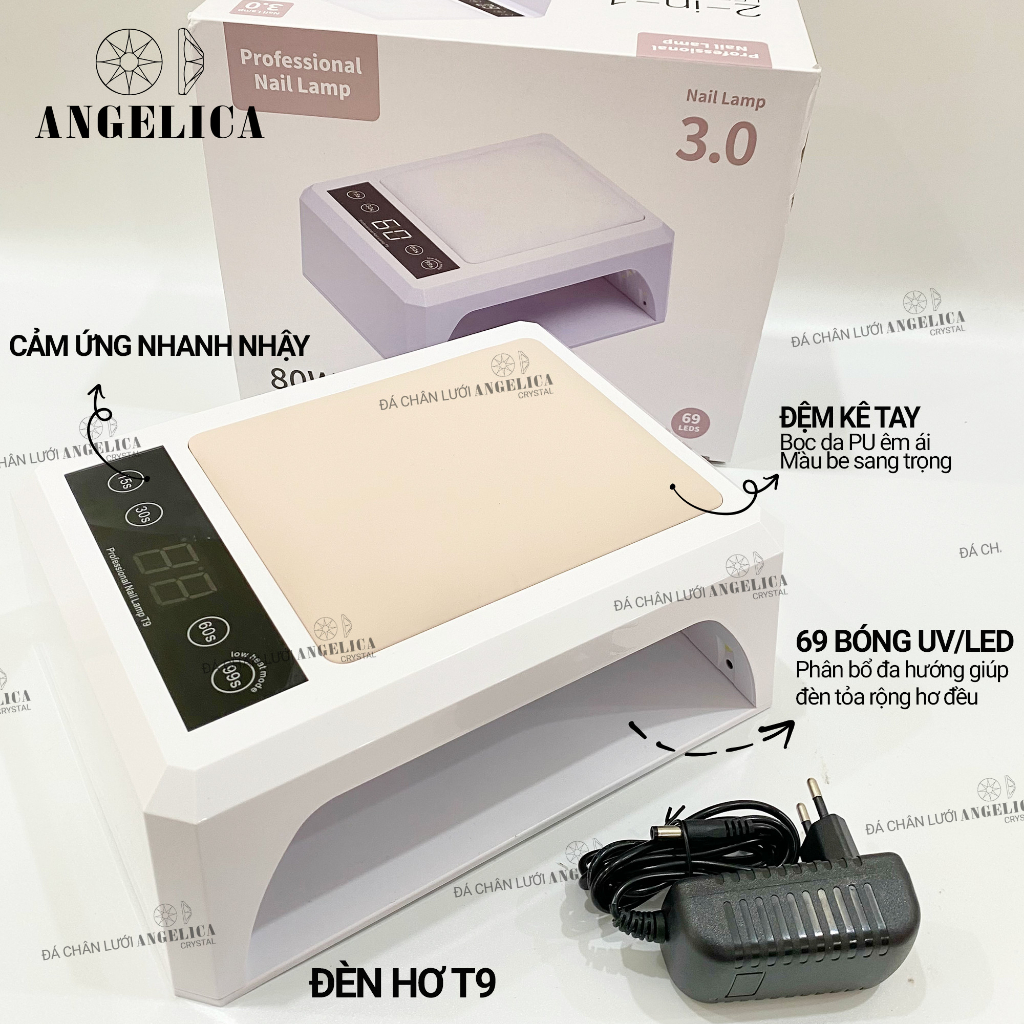 Máy hơ gel SNRQI T8 và T9 chính hãng LED/UV máy hơ móng làm nail khoang rộng, có đệm kê tay ANGELICA 72W 60 bóng