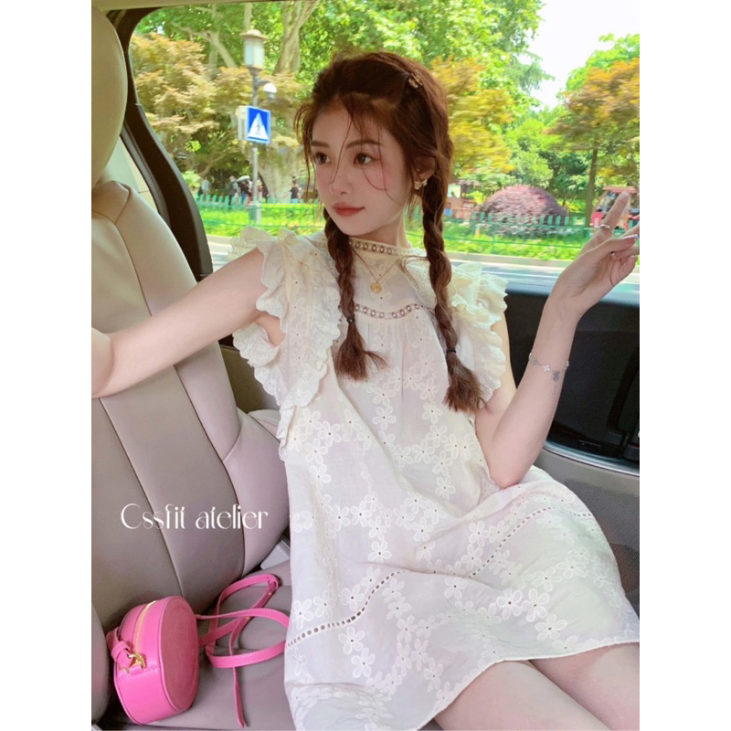 Váy công chúa cánh tiên cổ tích mùa hè babydoll dáng ngắn form xuông hơi xoè thắt nơ lưng phong cách Hàn Quốc