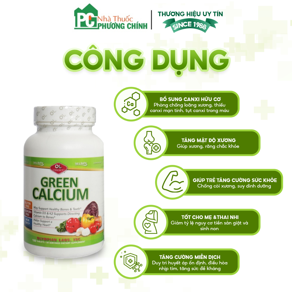 Canxi Hữu Cơ Green Calcium Olympian Labs Nhập Khẩu Từ Mỹ - Bổ Sung Canxi Mát Cho Bà Bầu & Mẹ Sau Sinh Hộp 100 Viên