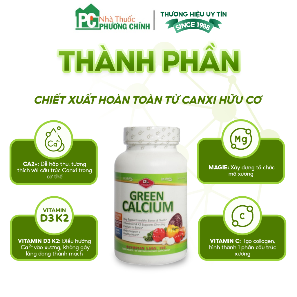 Canxi Hữu Cơ Green Calcium Olympian Labs Nhập Khẩu Từ Mỹ - Bổ Sung Canxi Mát Cho Bà Bầu & Mẹ Sau Sinh Hộp 100 Viên