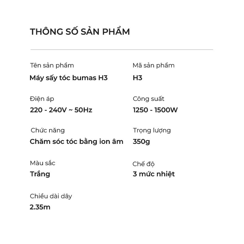 Máy Sấy Tóc Ion Âm BUMAS H10, Sấy Tóc Nhanh Chóng, Hỗ Trợ Dưỡng Tóc