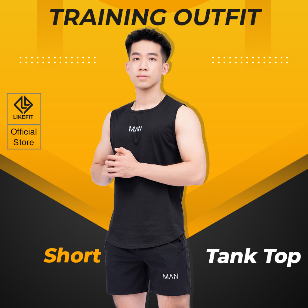 Bộ quần áo thể thao nam LIKEFIT - Áo ba lỗ và quần short tập gym vải thấm hút mồ hôi họa tiết MAN