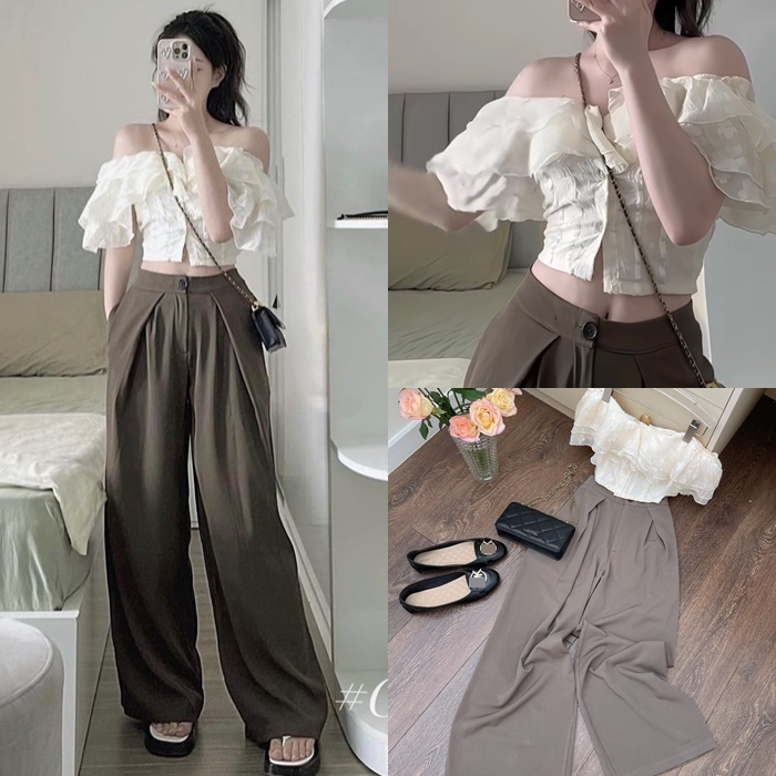 SET ÁO CROPTOP TRỄ VAI ÔM BODY BÈO TẦNG + QUẦN TÂY DÀI ỐNG RỘNG LƯNG CAO SUÔNG TRƠN ĐI TIỆC DẠO PHỐ ĐI CHƠI ĐI BIỂN