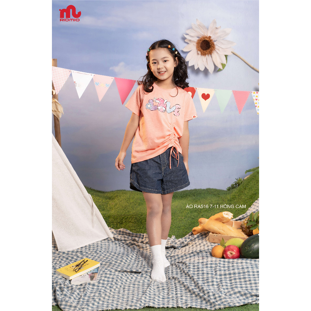 Áo phông cộc tay bé gái Riomio áo thun in hình Love dây rút eo chất liệu cotton mềm mát size đại 27 đến 50kg RA516