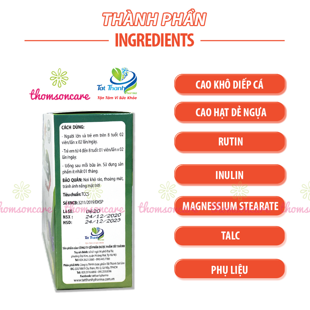 Viên uống Giấp Cá Plus - Giảm trĩ nội, trĩ ngoại, táo bón từ diếp cá, rutin chất xơ hòa tan - Hộp 30 viên Thomsoncare