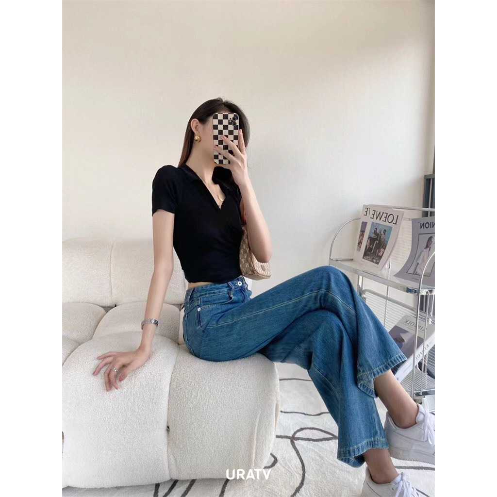 Quần jeans suông dài 96cm co giãn màu vintage S285
