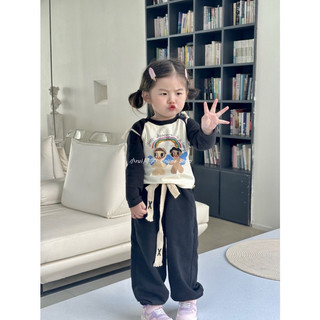 Set bộ áo thun dài tay bé gái mix quần bom đen