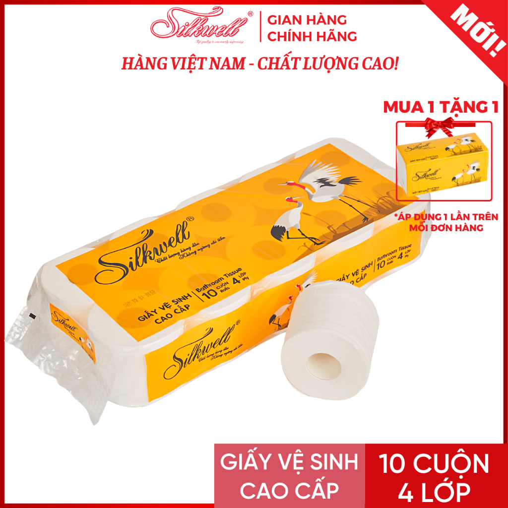 Giấy vệ sinh Silkwell Sếu 10 cuộn 4 lớp có lõi hàng cao cấp siêu mềm mịn không tẩy trắng chính hãng