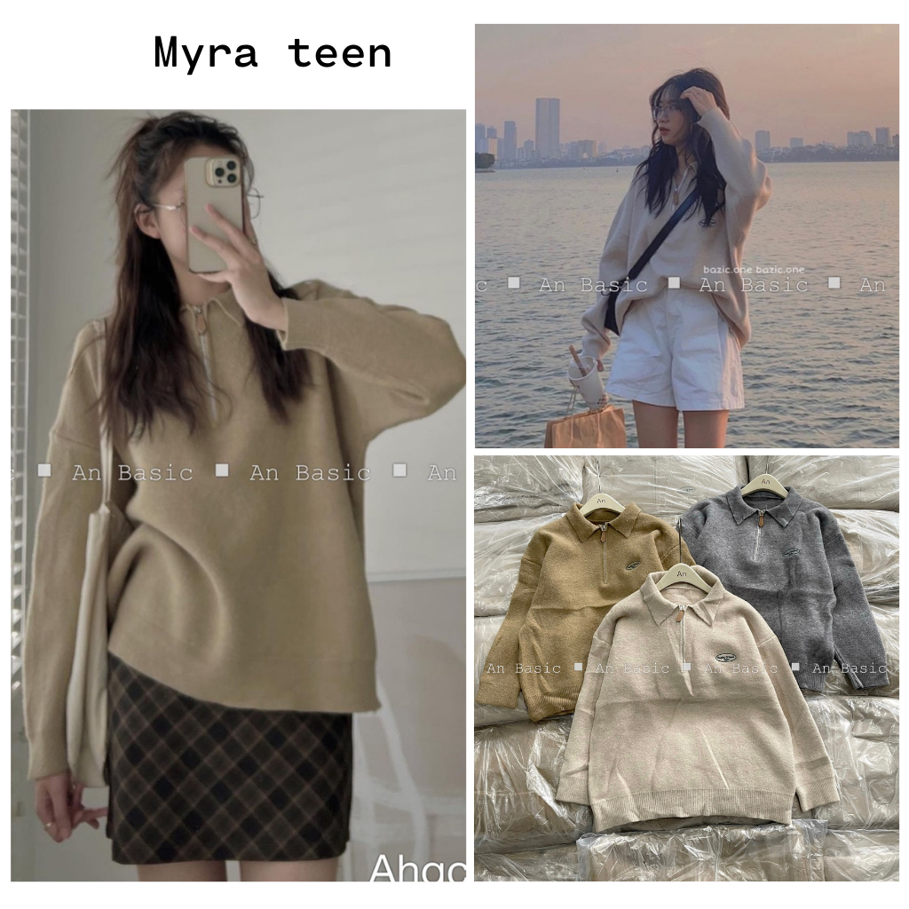 Áo len lông thỏ mềm cổ polo khóa freeszie không bai nhão MYRA TEEN Aopolophoikhoa P4/K3