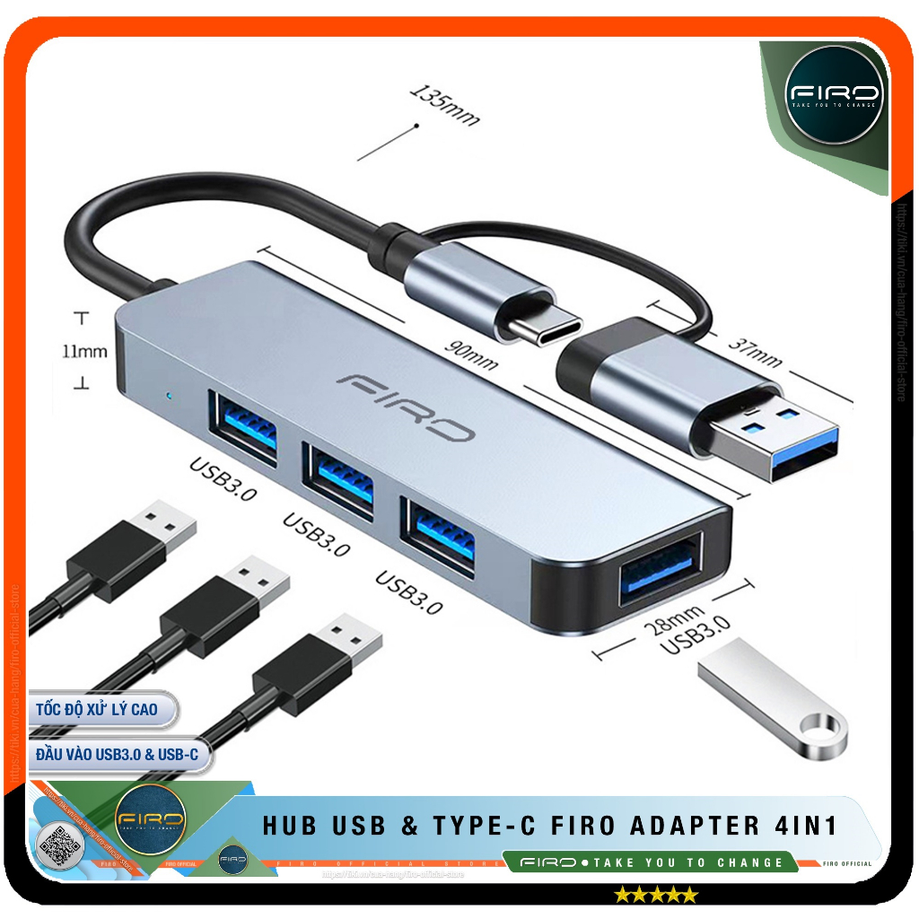 HUB Type C FIRO và HUB USB 3.0 Tốc Độ Cao Chia 4 Cổng, HUB Chuyển Đổi Dành Cho Laptop PC Hỗ Trợ Sạc Pin Kết Nối Đa Năng