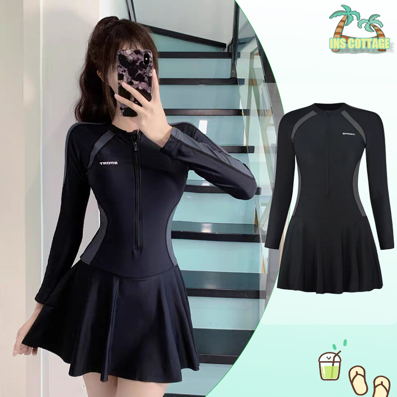 【INS】đồ bơi nữ tay dài Đồ bơi giả váy nữ đồ bơi nữ kín đáo có đệm ngực đồ bơi nữ liền thân kiểu váy đen cho nữ