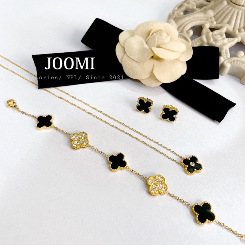 Set dây chuyền, khuyên tai, vòng tay cỏ 4 lá Van titan phiên bản cao cấp không đen gỉ