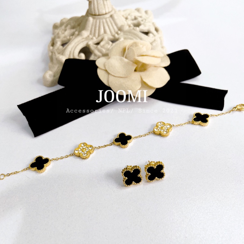 Set dây chuyền, khuyên tai, vòng tay cỏ 4 lá Van titan phiên bản cao cấp không đen gỉ