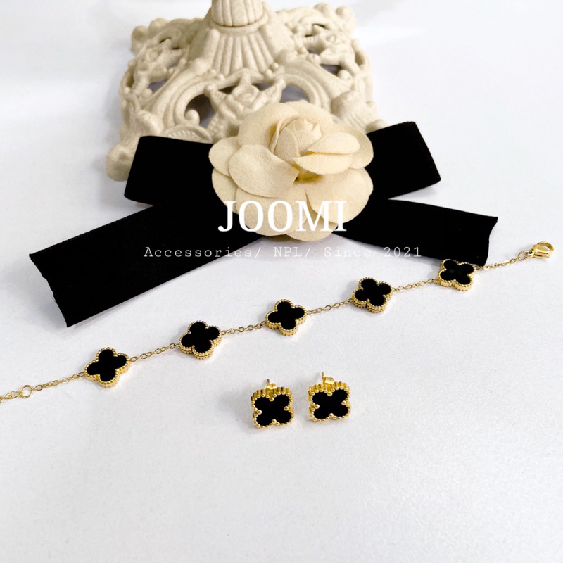 Set dây chuyền, khuyên tai, vòng tay cỏ 4 lá Van titan phiên bản cao cấp không đen gỉ