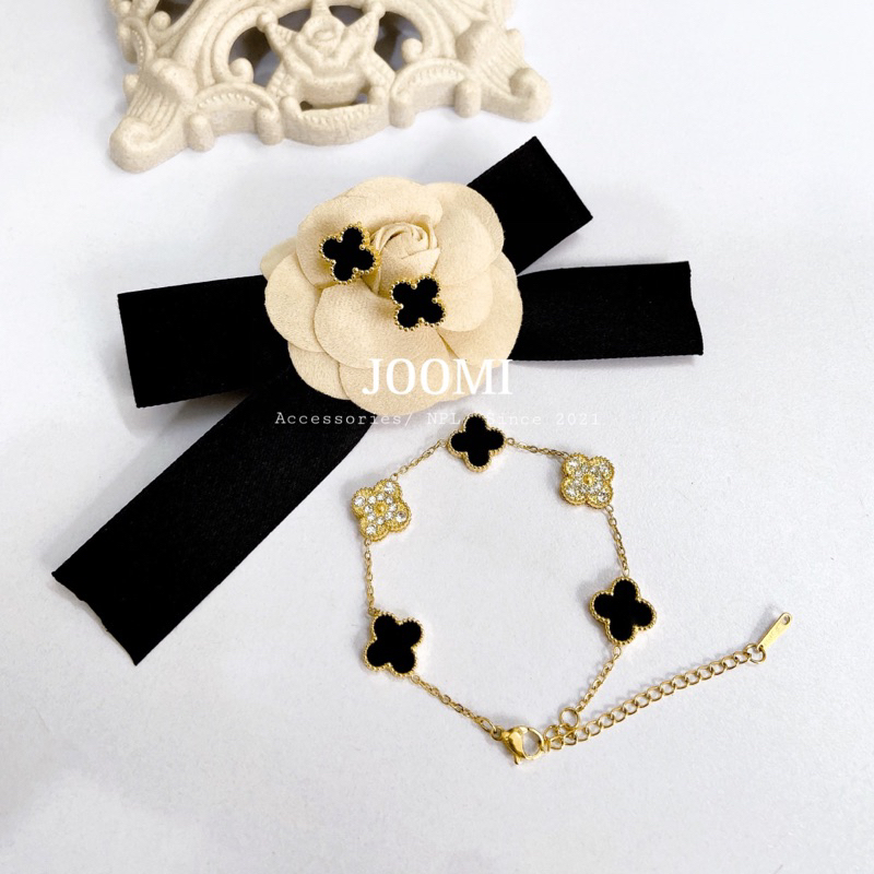 Set dây chuyền, khuyên tai, vòng tay cỏ 4 lá Van titan phiên bản cao cấp không đen gỉ