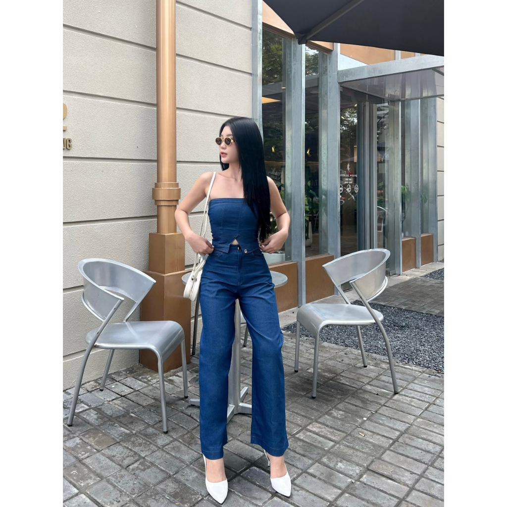Set áo ống và quần ống suông denim hàng cao cấp siêu hot