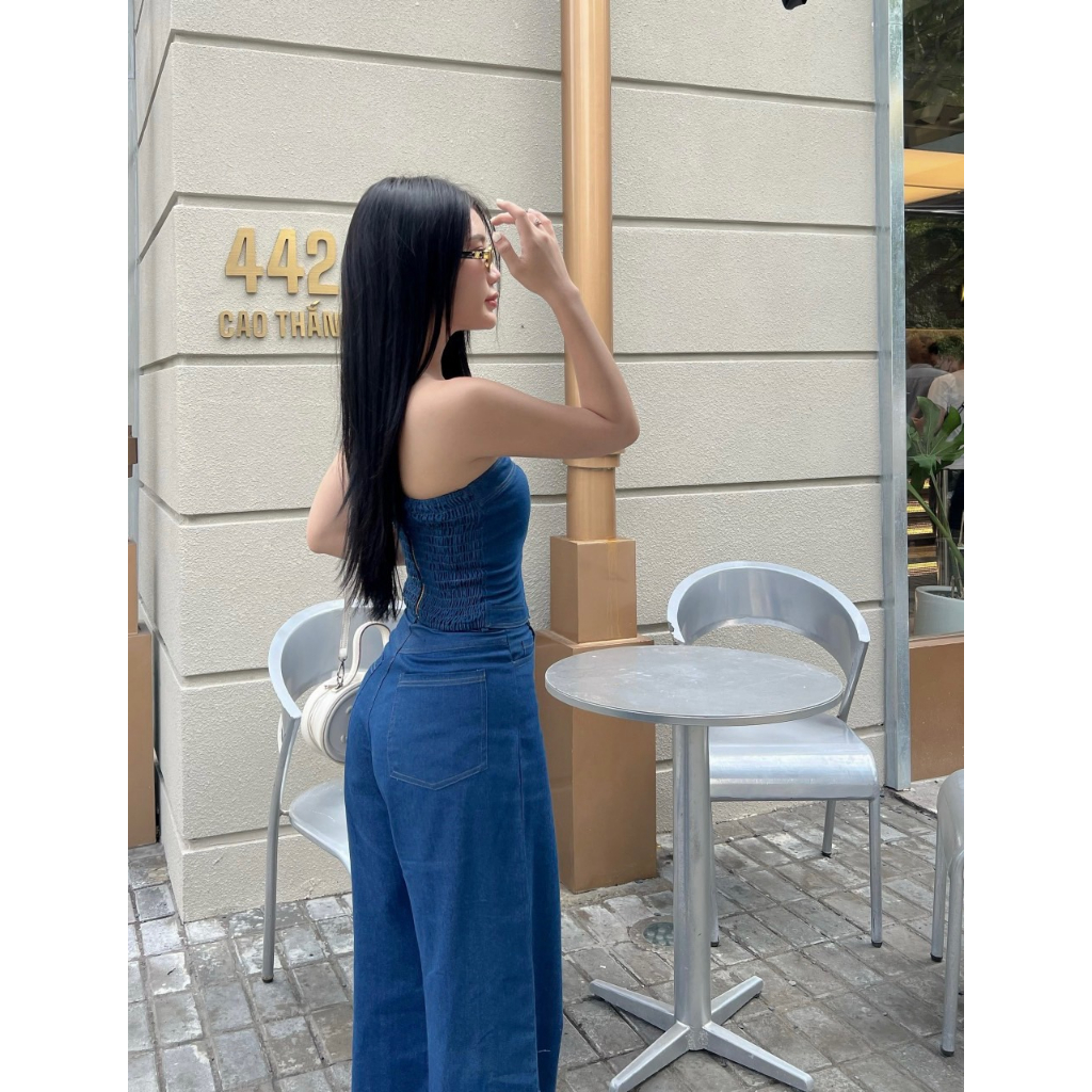 Set áo ống và quần ống suông denim hàng cao cấp siêu hot