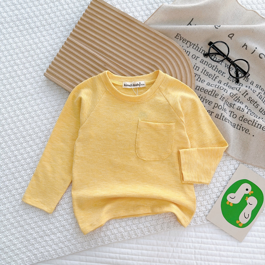 AD2316 Áo Thun Bé Gái, Bé Trai KIMCHIBABY Vải Cotton Dư Xịn Giáp Lăng Túi Ngực, Áo Dài Tay Cho Bé Mặc Thu Đông