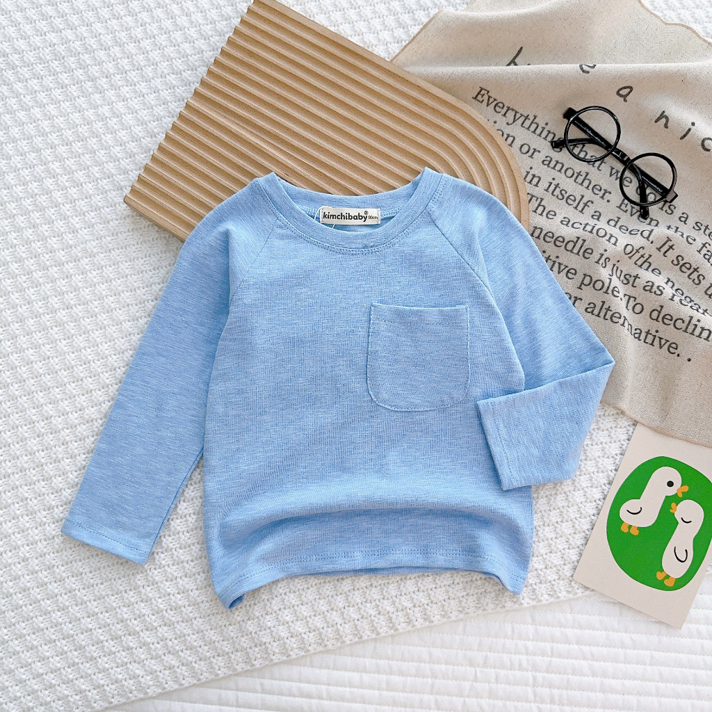 AD2316 Áo Thun Bé Gái, Bé Trai KIMCHIBABY Vải Cotton Dư Xịn Giáp Lăng Túi Ngực, Áo Dài Tay Cho Bé Mặc Thu Đông