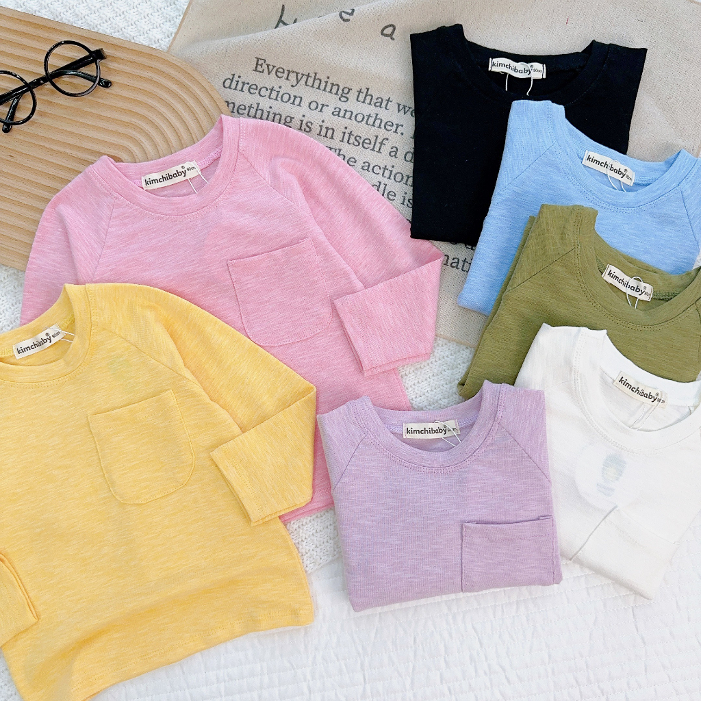 AD2316 Áo Thun Bé Gái, Bé Trai KIMCHIBABY Vải Cotton Dư Xịn Giáp Lăng Túi Ngực, Áo Dài Tay Cho Bé Mặc Thu Đông